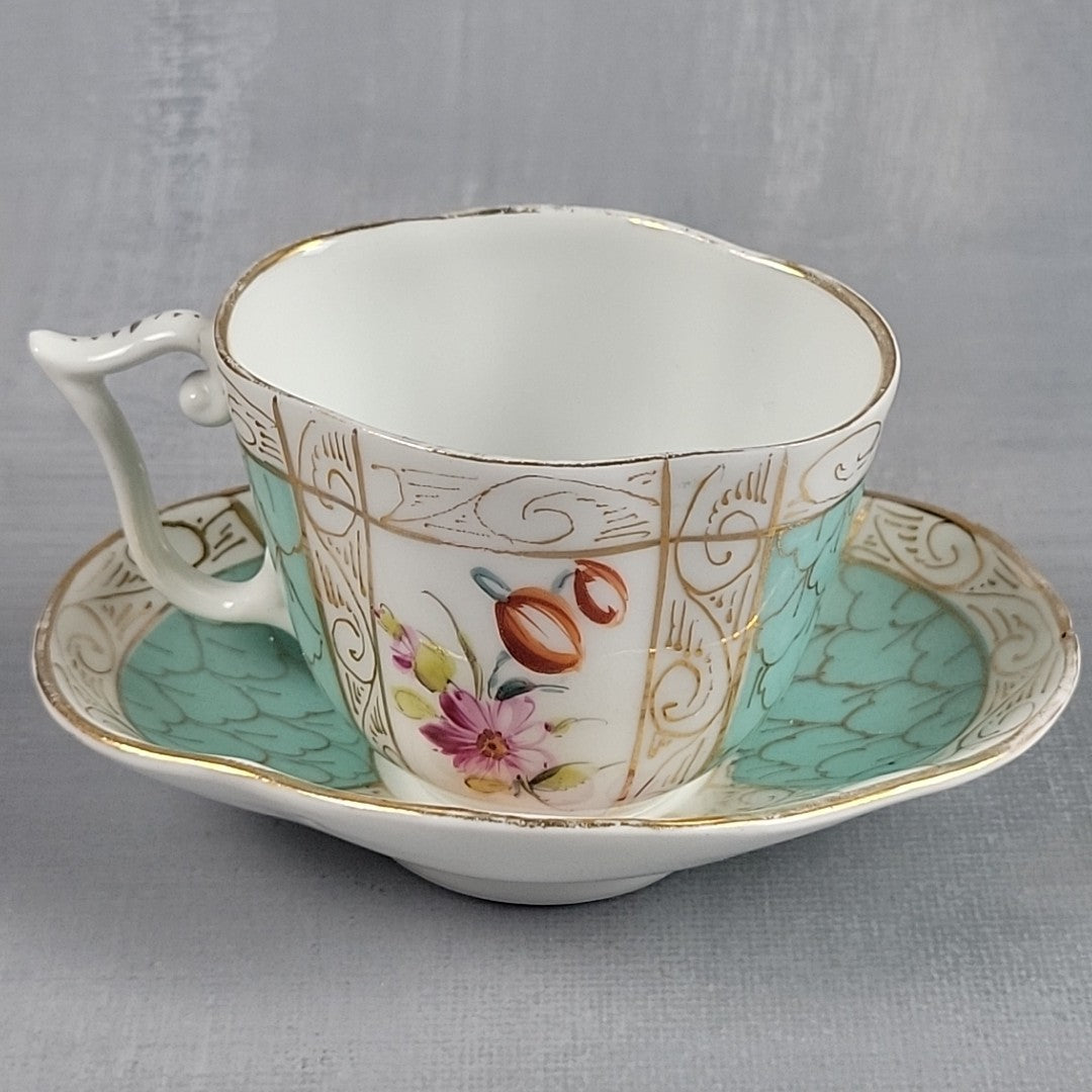 Meissen Quatrefoil Porcelain Cup & Saucer, Hand Painted Flowers Turquoise c19004