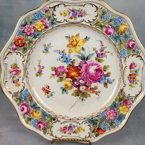 Antique Dresden Germany 10.5” Hand Painted Floral Cabinet Plate Gold Gilt0