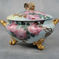 Antique GDA Limoges Footed Powder Jar Roses Gilt Handles Vanity Box c19000