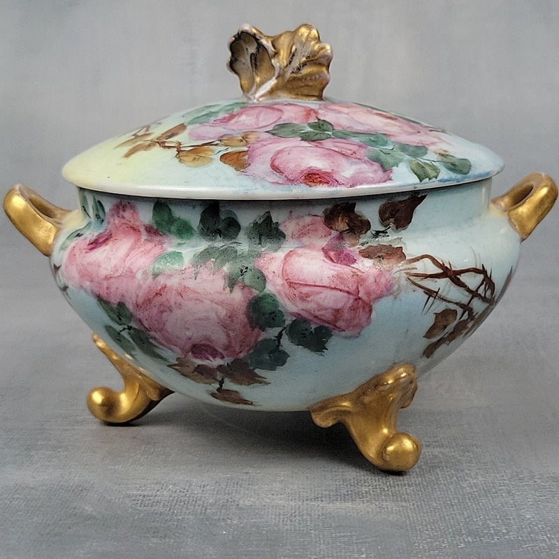 Antique GDA Limoges Footed Powder Jar Roses Gilt Handles Vanity Box c19000