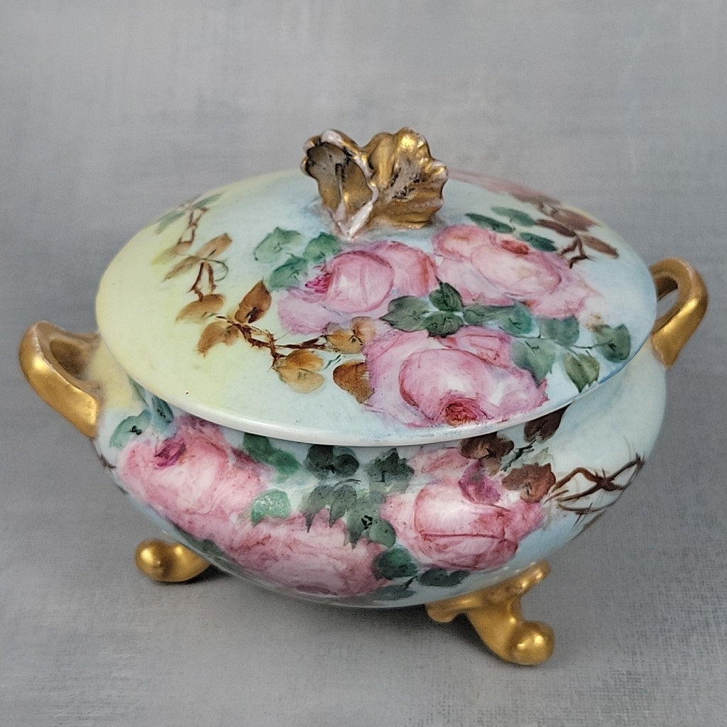 Antique GDA Limoges Footed Powder Jar Roses Gilt Handles Vanity Box c190017