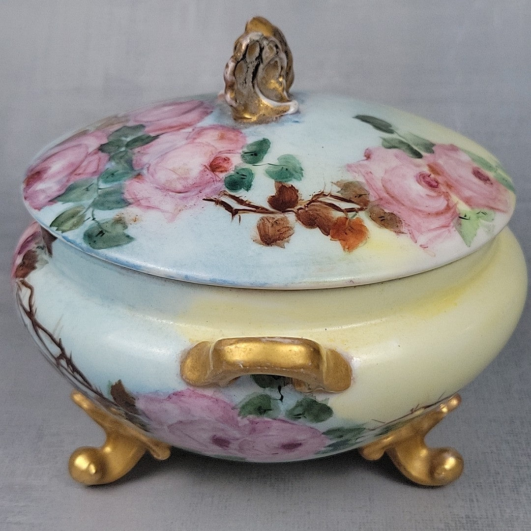 Antique GDA Limoges Footed Powder Jar Roses Gilt Handles Vanity Box c19006
