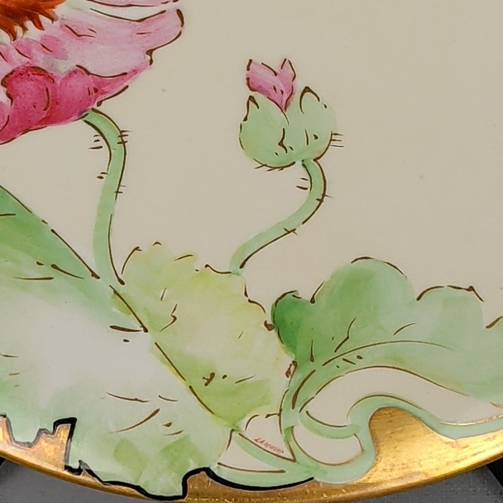 Antique Limoges Coronet France Hand Painted Pink Poppy Plate Signed Lamour 8