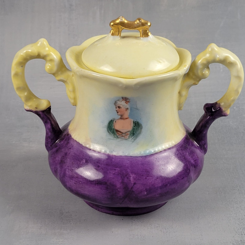 Antique Limoges NVC Portrait Sugar Bowl Jonquil Yellow & Purple Art Nouveau4
