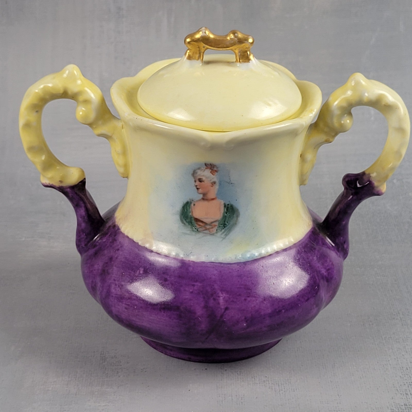 Antique Limoges NVC Portrait Sugar Bowl Jonquil Yellow & Purple Art Nouveau4
