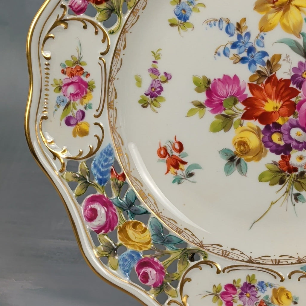 Antique Dresden Germany 10.5” Hand Painted Floral Cabinet Plate Gold Gilt1