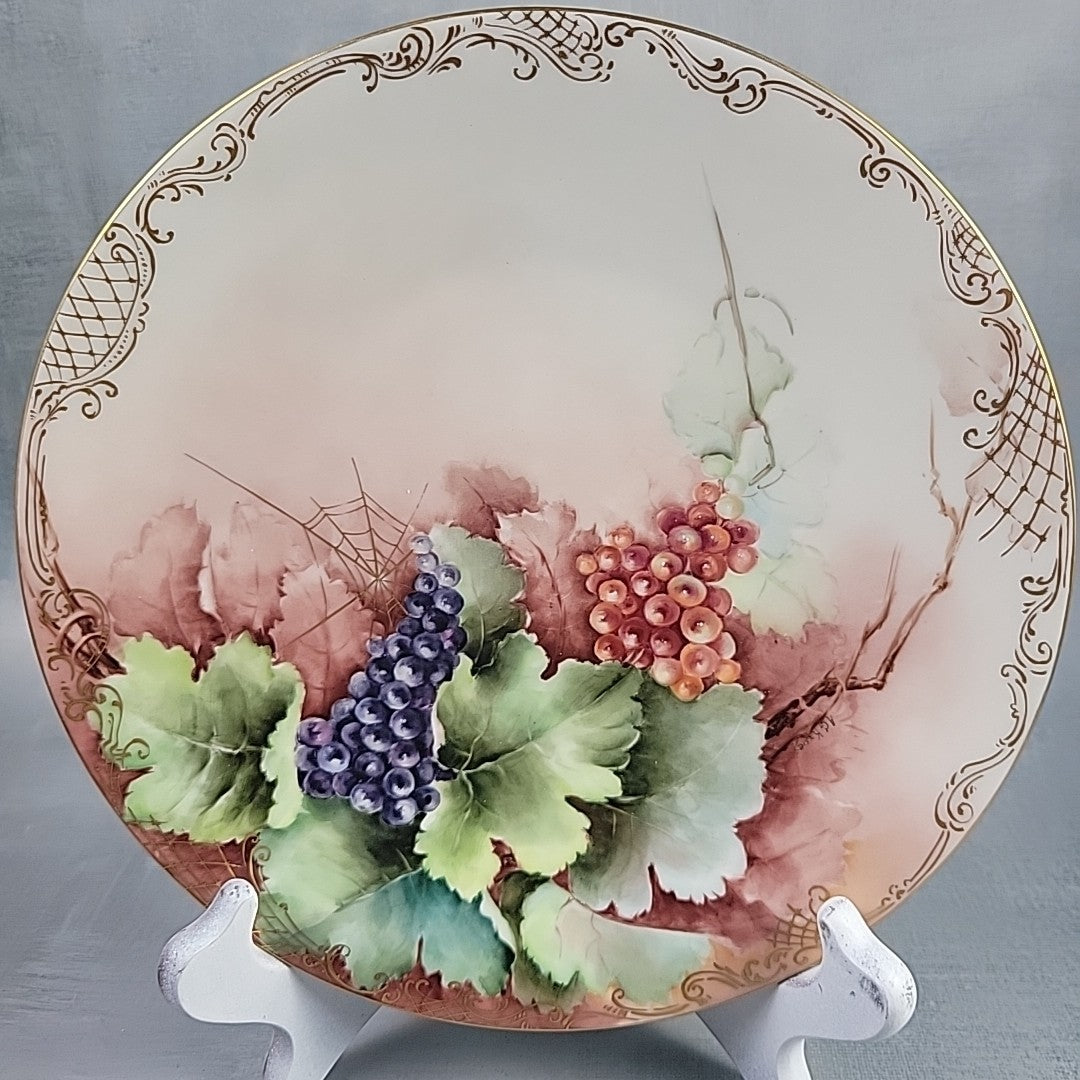 Antique JPL Limoges Hand Painted 8.5" Grapes Plate Signed A.G. Kroes Gold Trim0