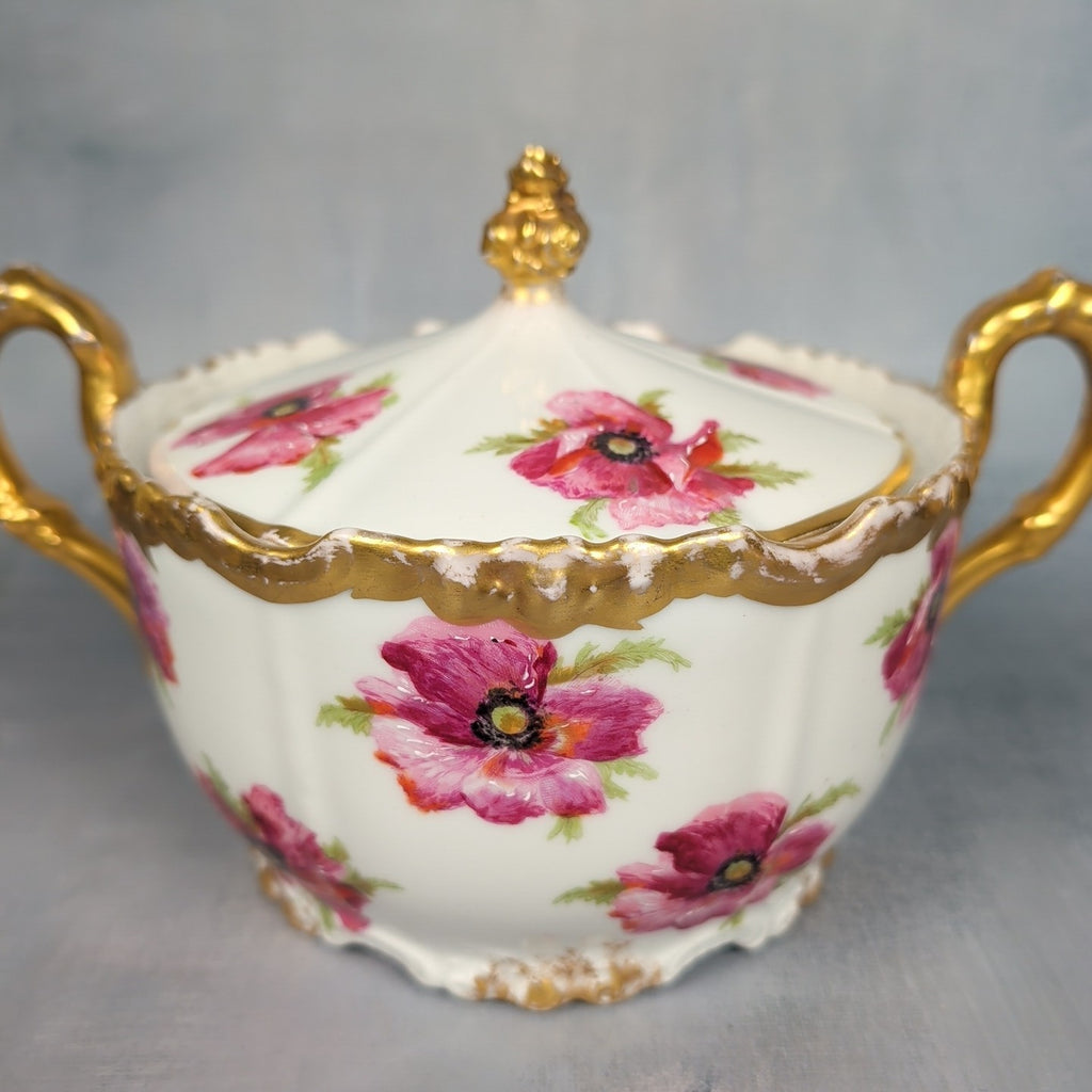 JP France Limoges Antique Poppies Porcelain Hand Painted Biscuit Cracker Jar 1