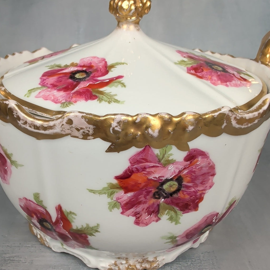 JP France Limoges Antique Poppies Porcelain Hand Painted Biscuit Cracker Jar 9