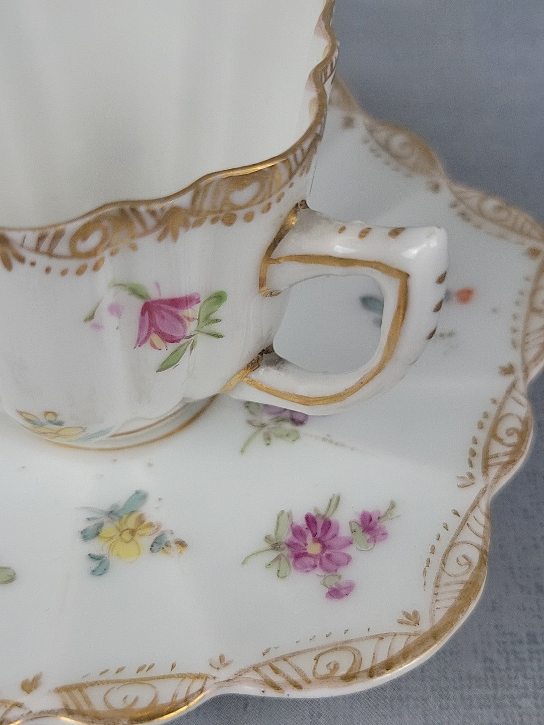 Antique Dresden Tea Cup & Saucer Hand Painted Floral Gilt Scalloped Mold4