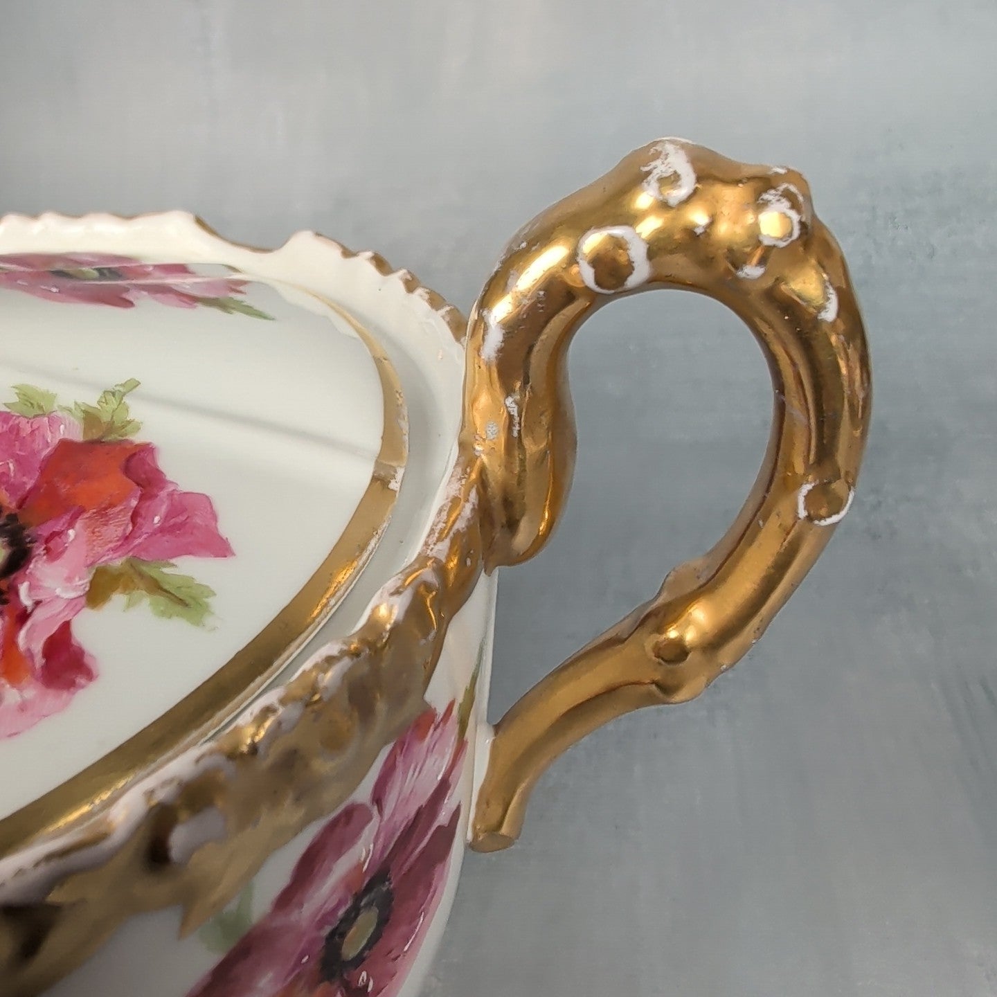 JP France Limoges Antique Poppies Porcelain Hand Painted Biscuit Cracker Jar 14