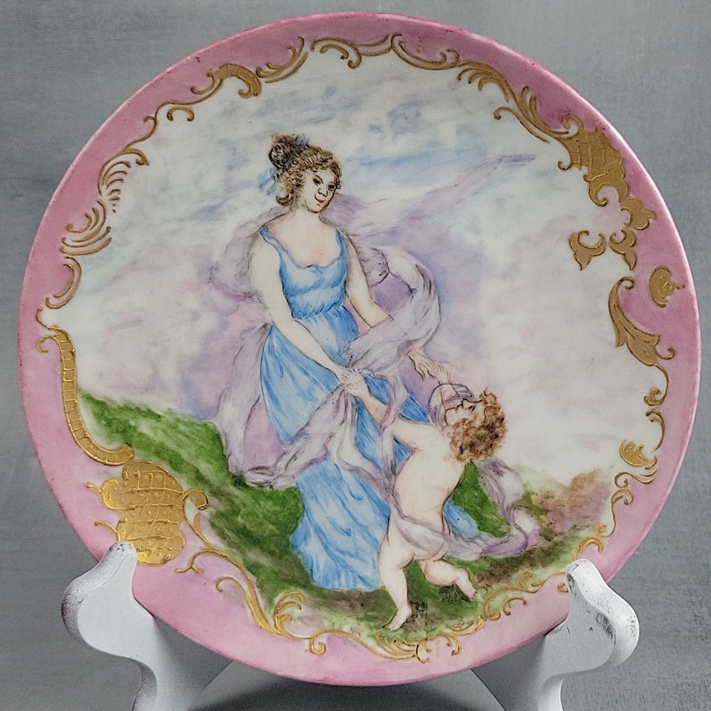 Antique Limoges GDM Hand Painted Portrait Plate Putti Cherub Gold Pink c18910