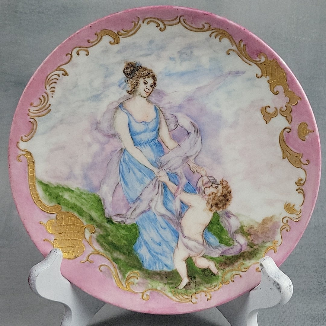 Antique Limoges GDM Hand Painted Portrait Plate Putti Cherub Gold Pink c18910