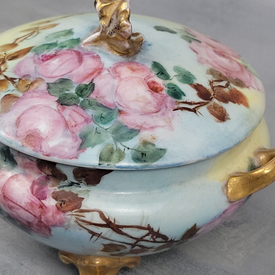 Antique GDA Limoges Footed Powder Jar Roses Gilt Handles Vanity Box c190019