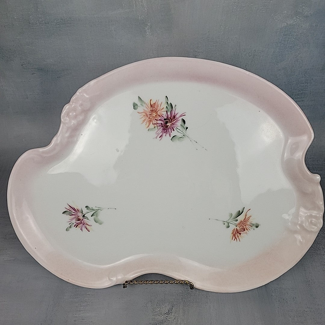Antique Limoges France Kidney Pairpoint Vanity Tray Blush Pink Floral 12”3