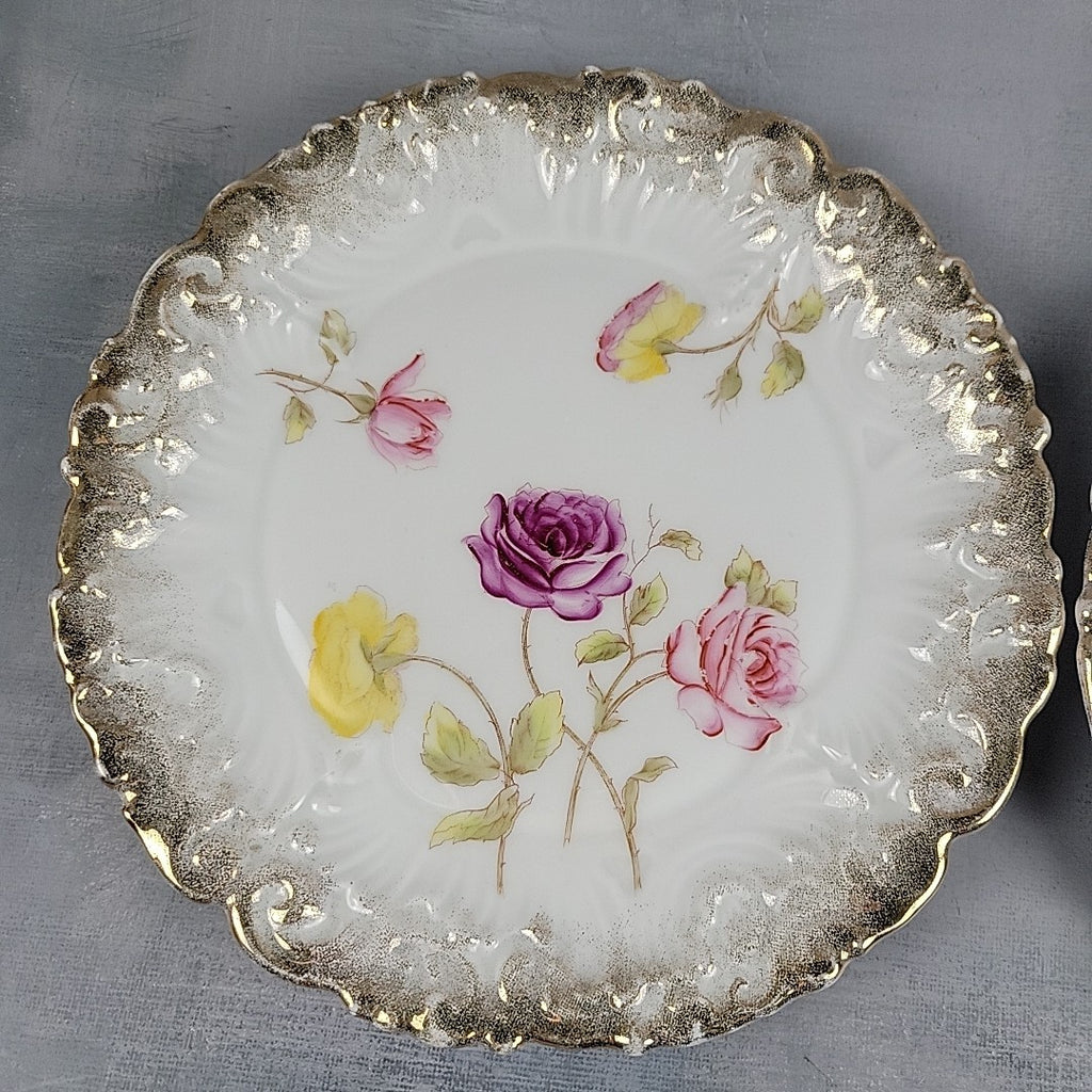 Antique Dresden Germany Hand Painted Rose Plates Gold Gilt Rococo Pair 8”1