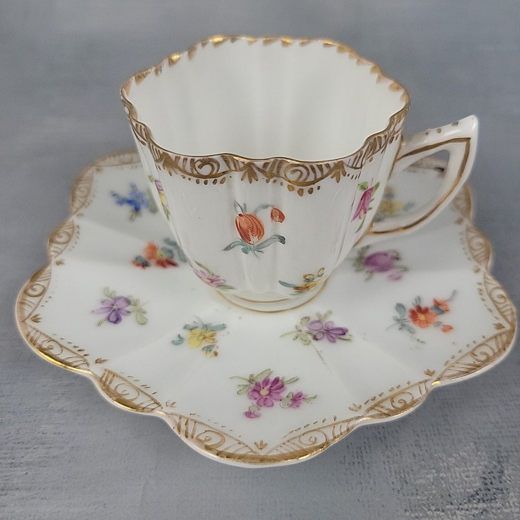 Antique Dresden Tea Cup & Saucer Hand Painted Floral Gilt Scalloped Mold3