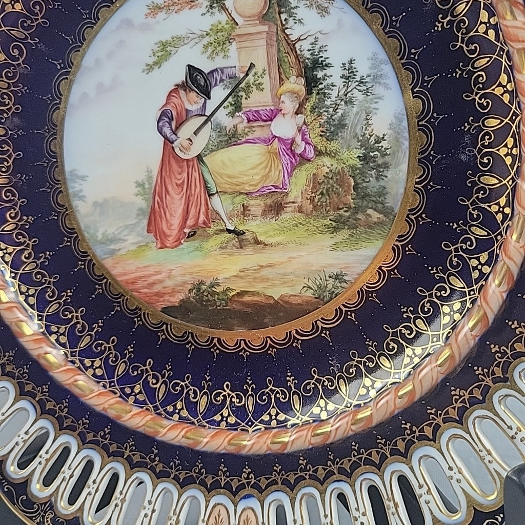 Antique Dresden Hand Painted Watteau Scene Cobalt Gold Pierced Plate 9.5”7