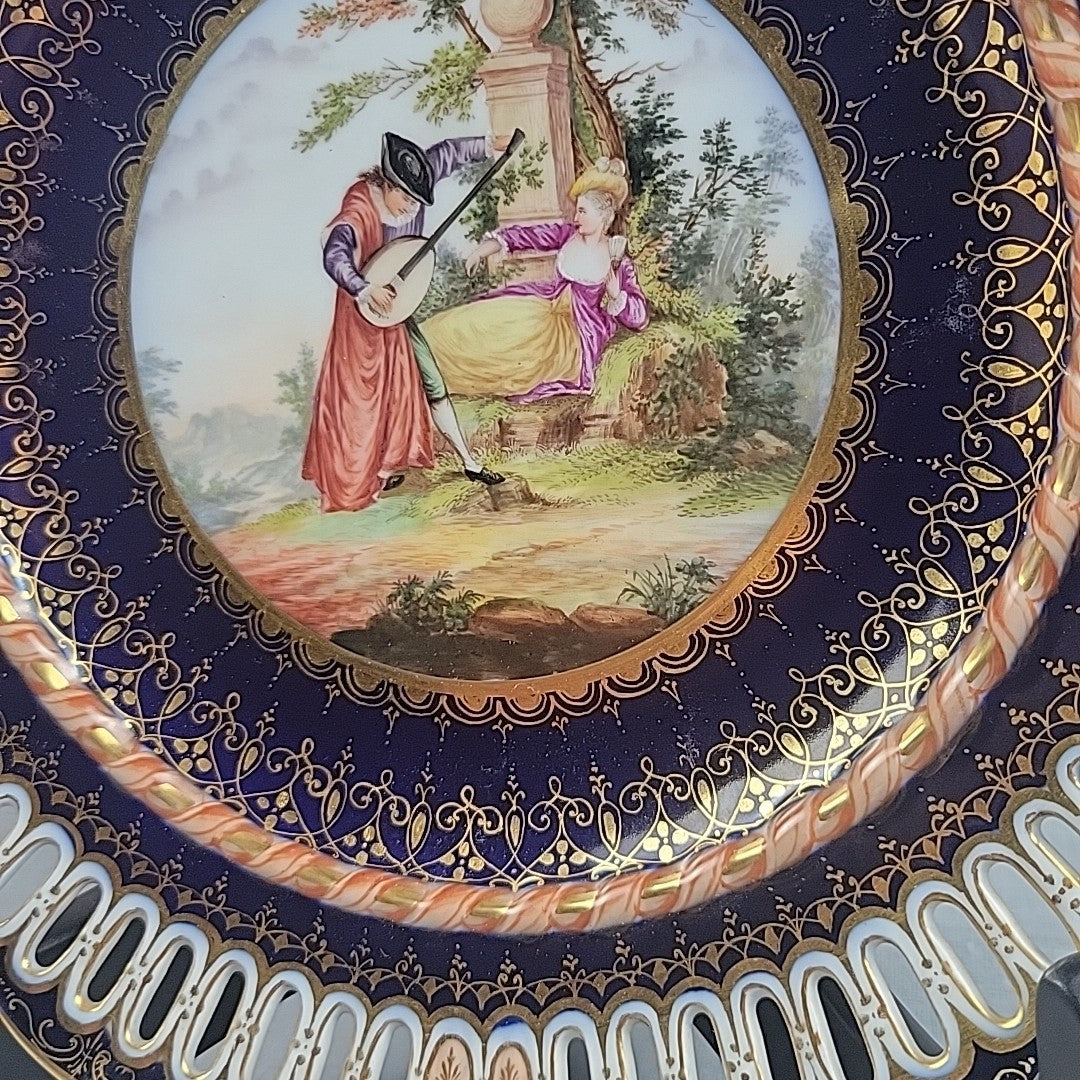 Antique Dresden Hand Painted Watteau Scene Cobalt Gold Pierced Plate 9.5”7