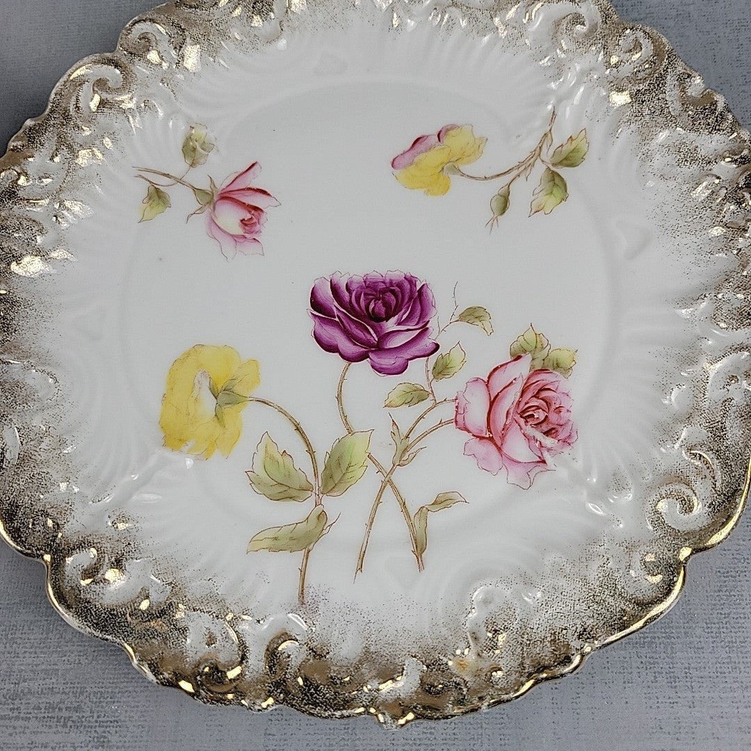 Antique Dresden Germany Hand Painted Rose Plates Gold Gilt Rococo Pair 8”5