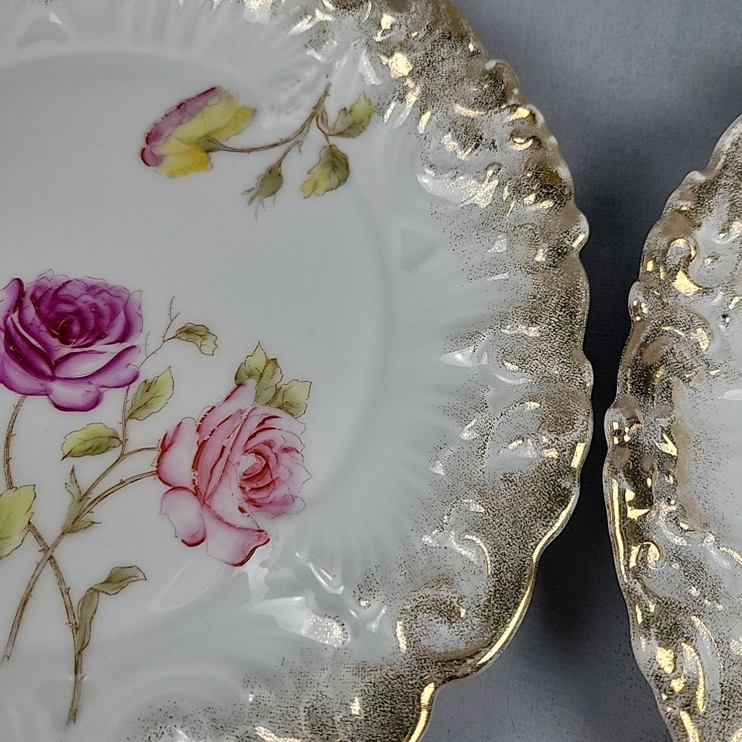 Antique Dresden Germany Hand Painted Rose Plates Gold Gilt Rococo Pair 8”10
