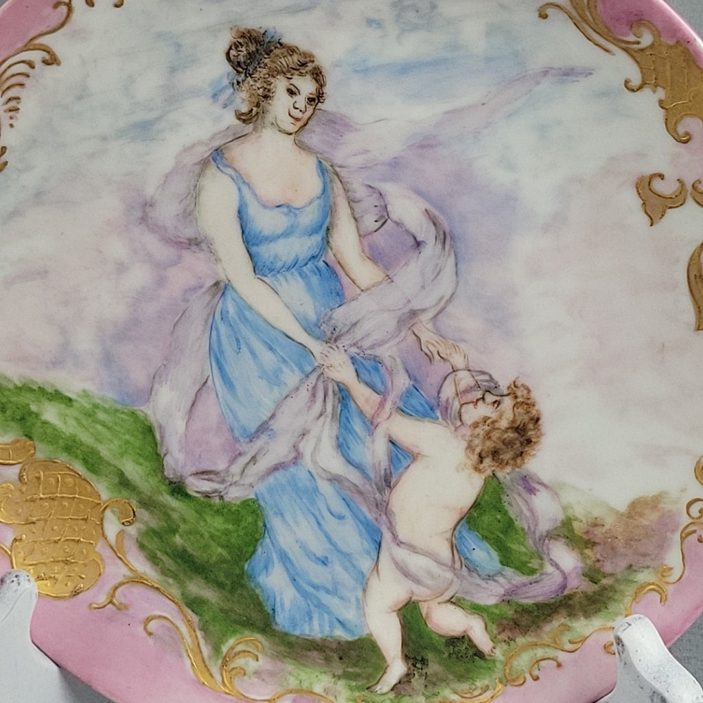 Antique Limoges GDM Hand Painted Portrait Plate Putti Cherub Gold Pink c18911