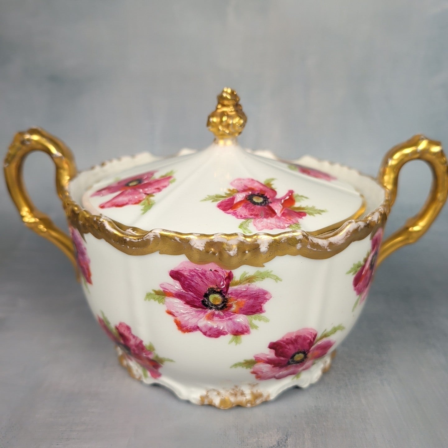 JP France Limoges Antique Poppies Porcelain Hand Painted Biscuit Cracker Jar 0