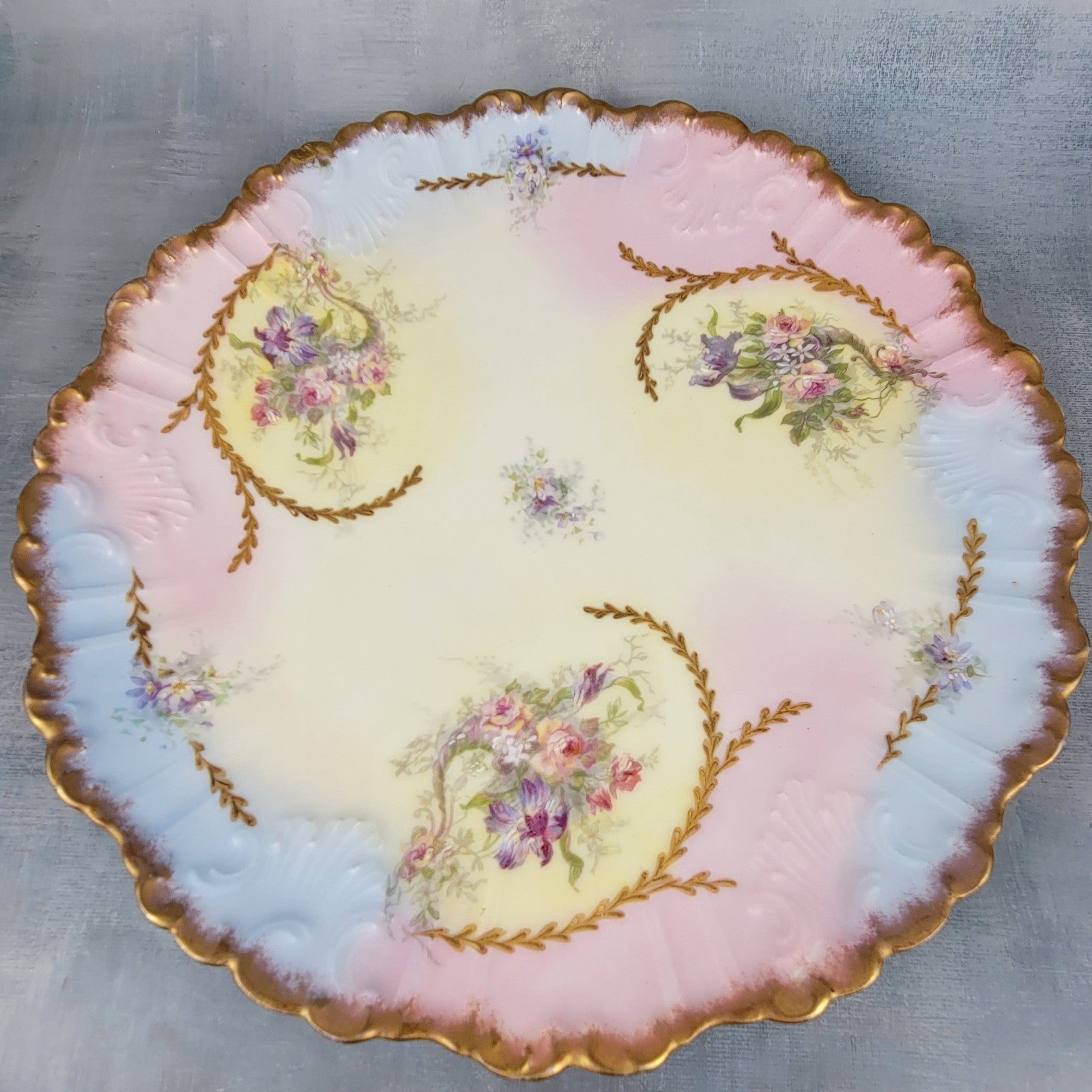 Antique Limoges Charger Plate 12.5” Partridge & Richardson Pastel Florals Gilt14