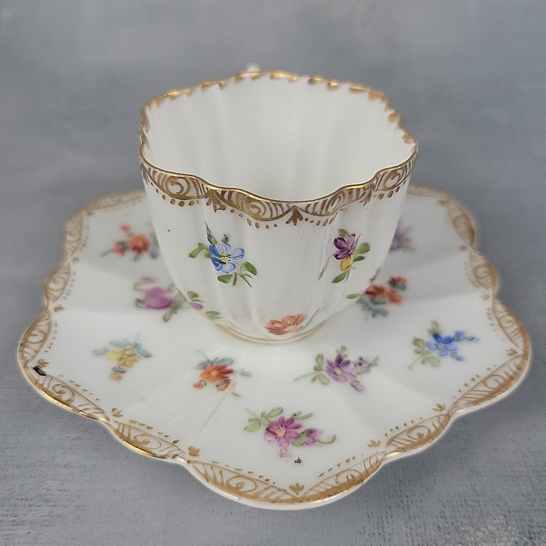 Antique Dresden Tea Cup & Saucer Hand Painted Floral Gilt Scalloped Mold7