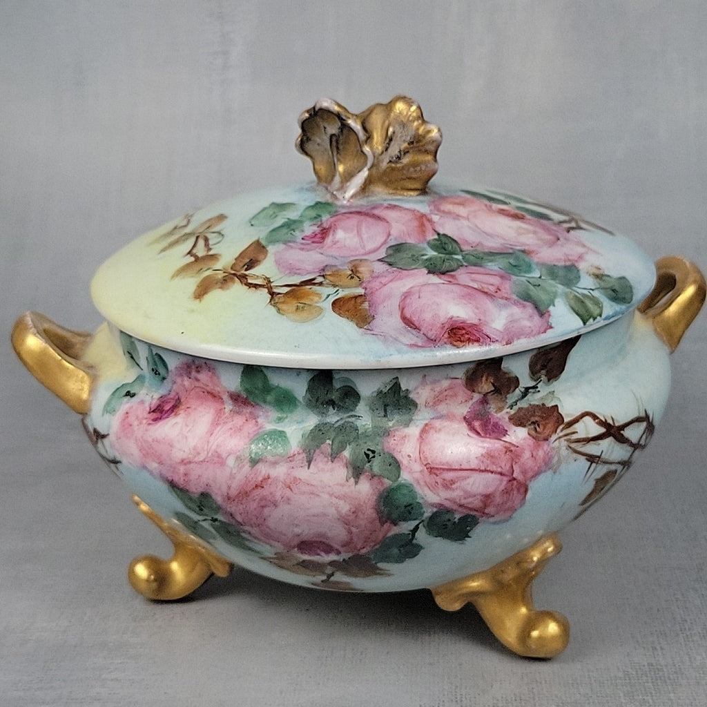 Antique GDA Limoges Footed Powder Jar Roses Gilt Handles Vanity Box c19007
