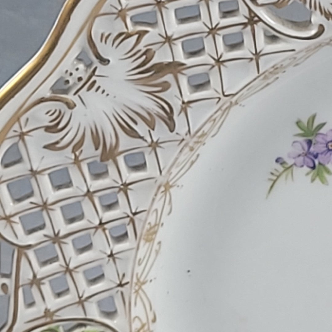 Carl Thieme Style Dresden Reticulated Plate Raised Enamel Floral Gold Trim 9"11