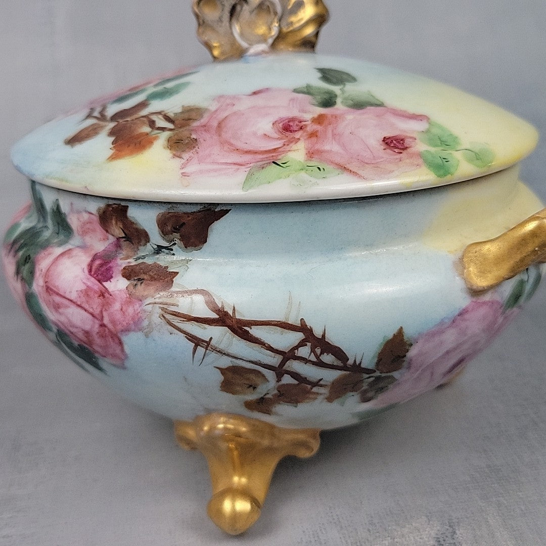 Antique GDA Limoges Footed Powder Jar Roses Gilt Handles Vanity Box c190016