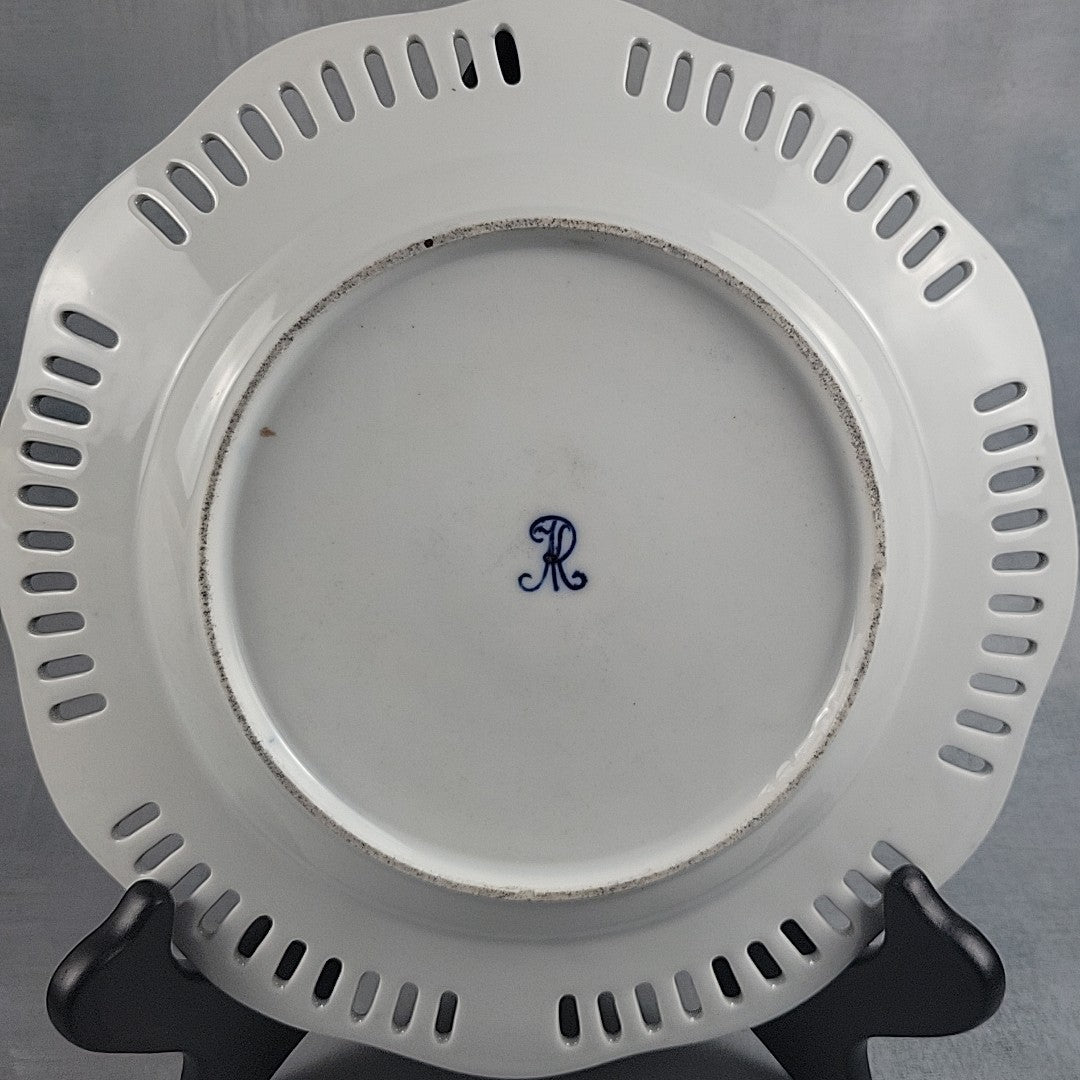 Antique Dresden Hand Painted Watteau Scene Cobalt Gold Pierced Plate 9.5”17