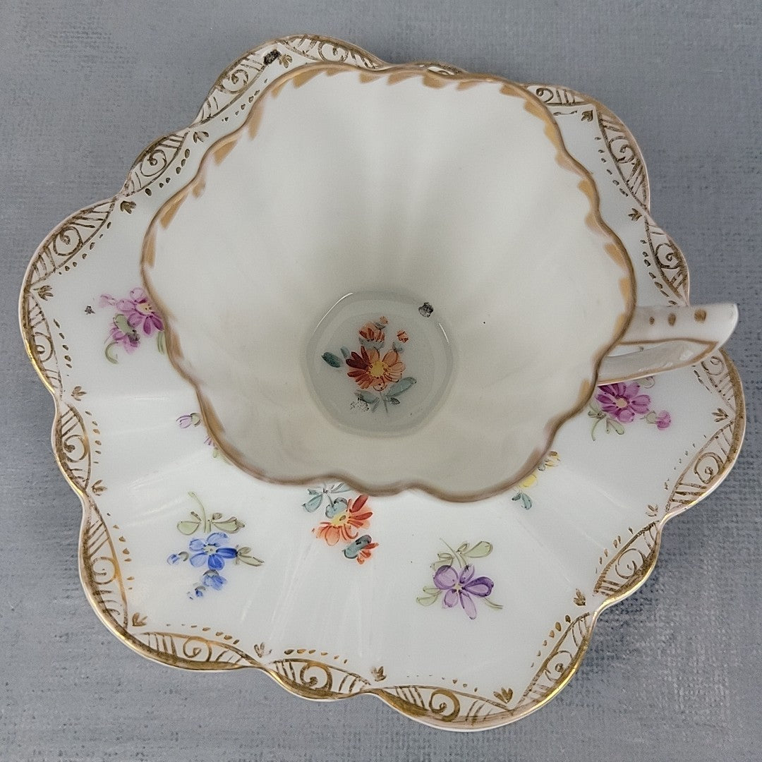 Antique Dresden Tea Cup & Saucer Hand Painted Floral Gilt Scalloped Mold9