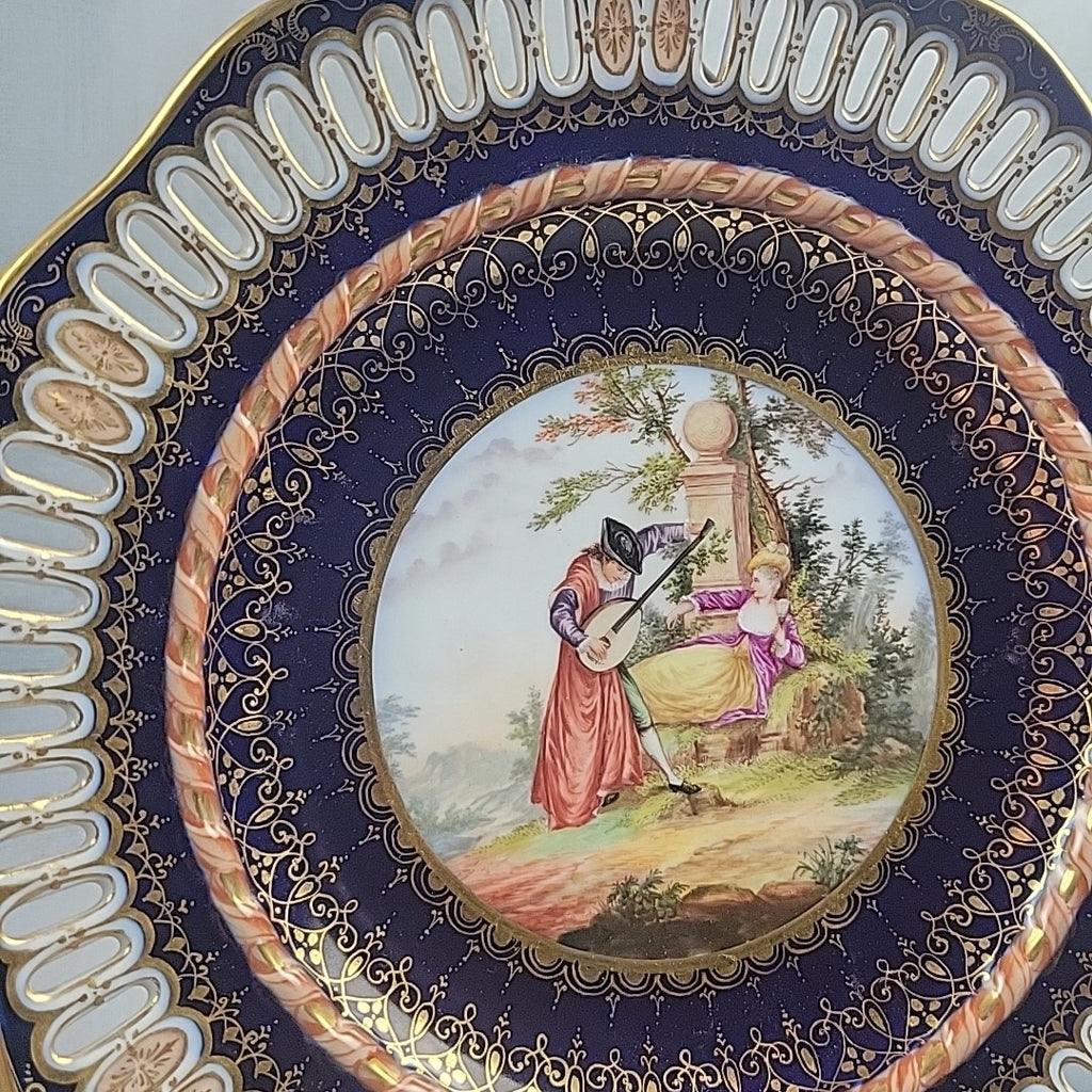 Antique Dresden Hand Painted Watteau Scene Cobalt Gold Pierced Plate 9.5”4