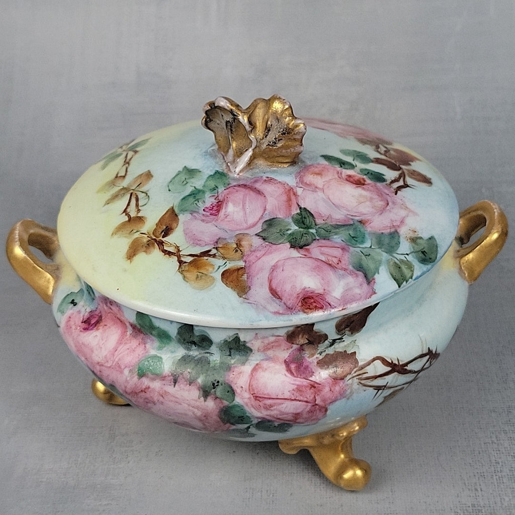 Antique GDA Limoges Footed Powder Jar Roses Gilt Handles Vanity Box c19003