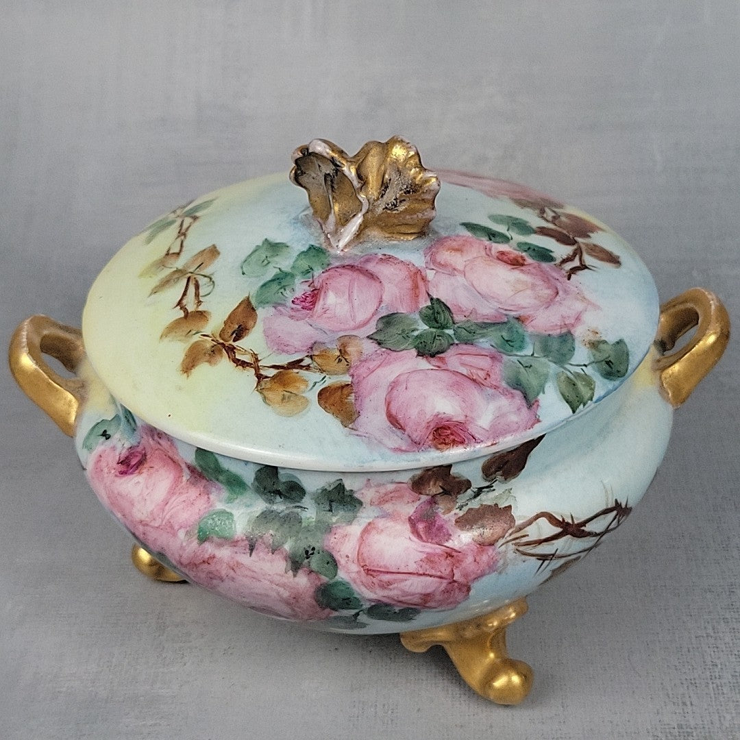 Antique GDA Limoges Footed Powder Jar Roses Gilt Handles Vanity Box c19003