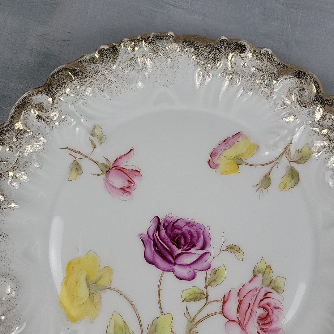 Antique Dresden Germany Hand Painted Rose Plates Gold Gilt Rococo Pair 8”11