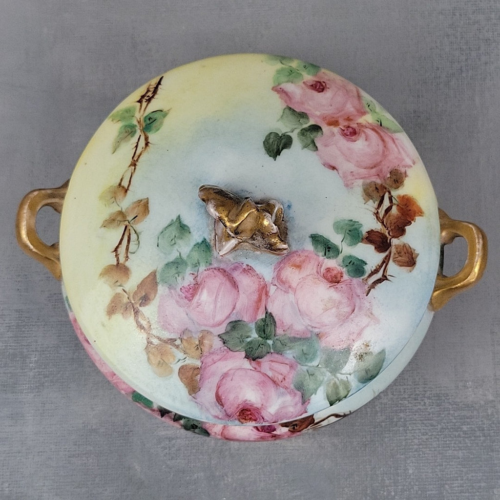 Antique GDA Limoges Footed Powder Jar Roses Gilt Handles Vanity Box c19009