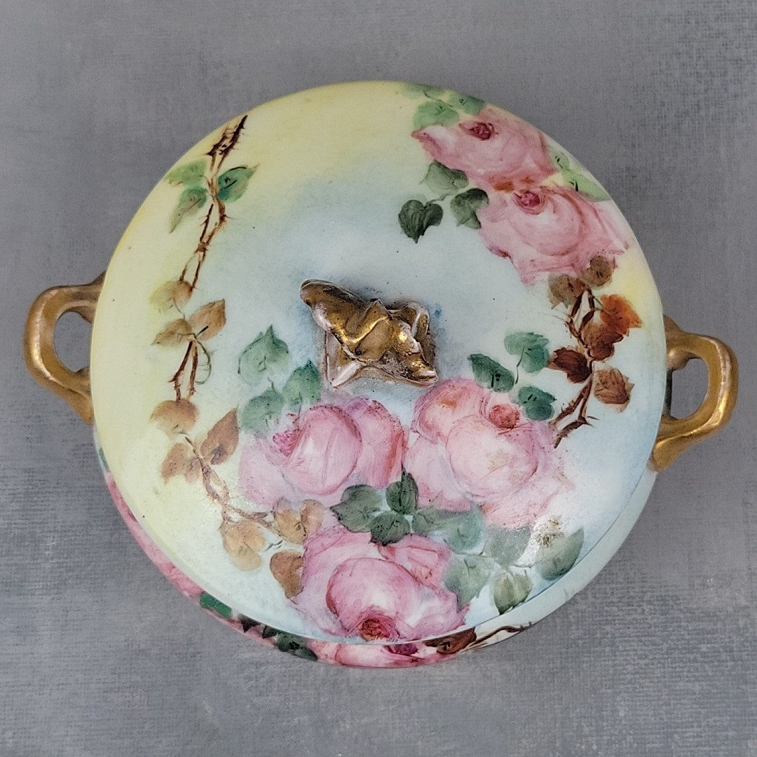 Antique GDA Limoges Footed Powder Jar Roses Gilt Handles Vanity Box c19009