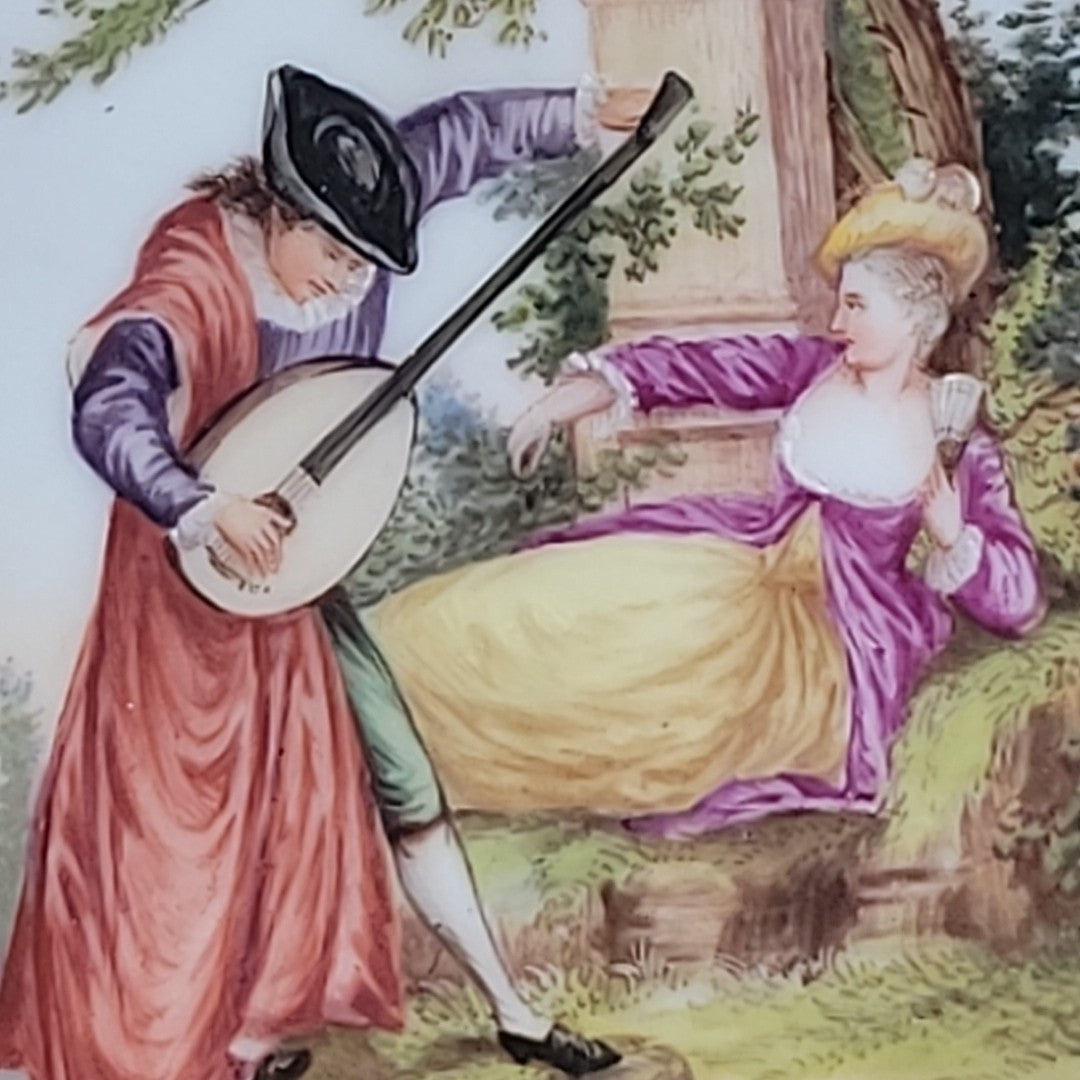 Antique Dresden Hand Painted Watteau Scene Cobalt Gold Pierced Plate 9.5”11
