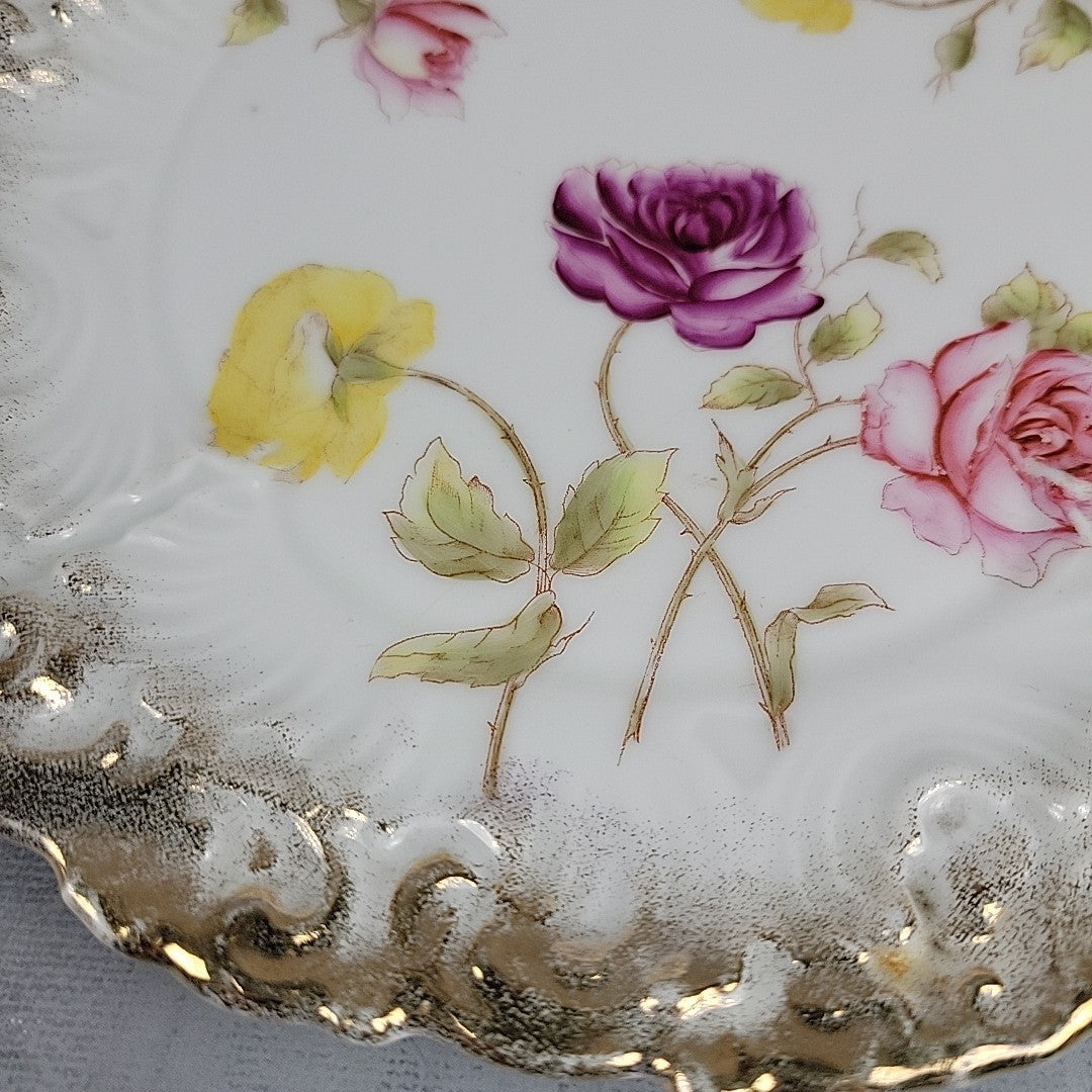 Antique Dresden Germany Hand Painted Rose Plates Gold Gilt Rococo Pair 8”6