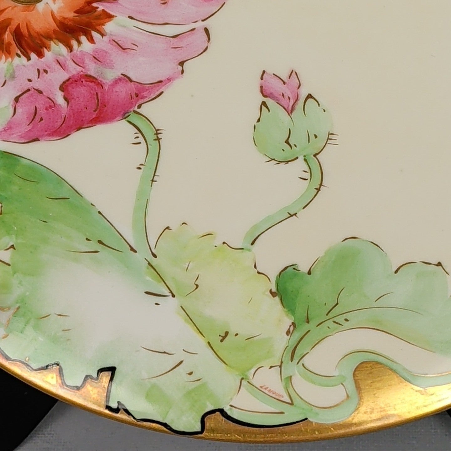 Antique Limoges Coronet France Hand Painted Pink Poppy Plate Signed Lamour 10