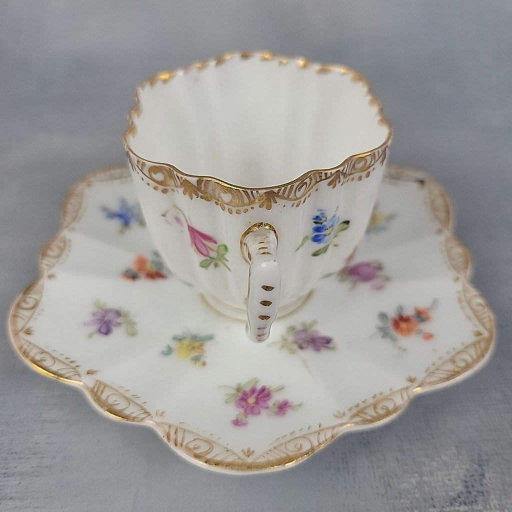 Antique Dresden Tea Cup & Saucer Hand Painted Floral Gilt Scalloped Mold5
