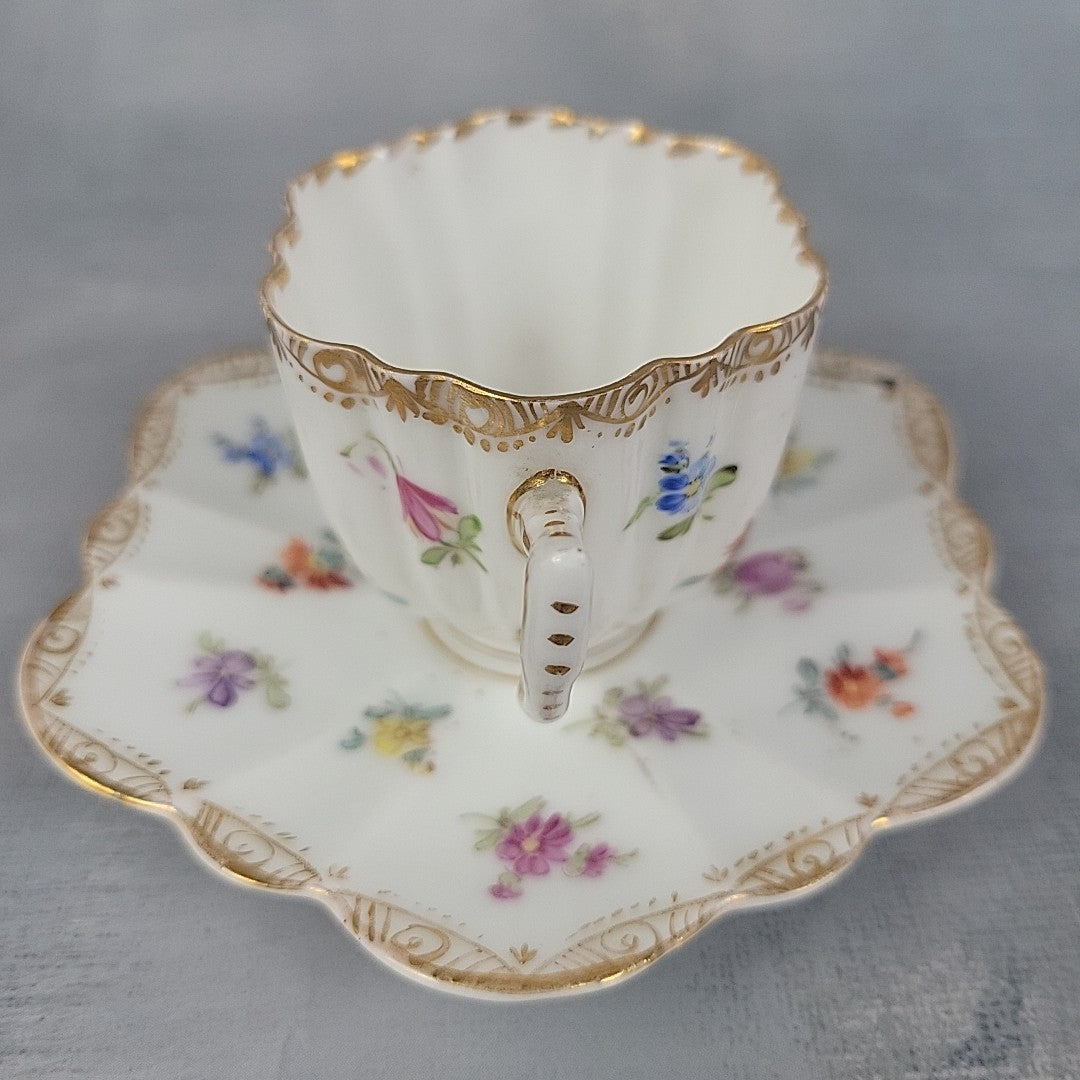 Antique Dresden Tea Cup & Saucer Hand Painted Floral Gilt Scalloped Mold5