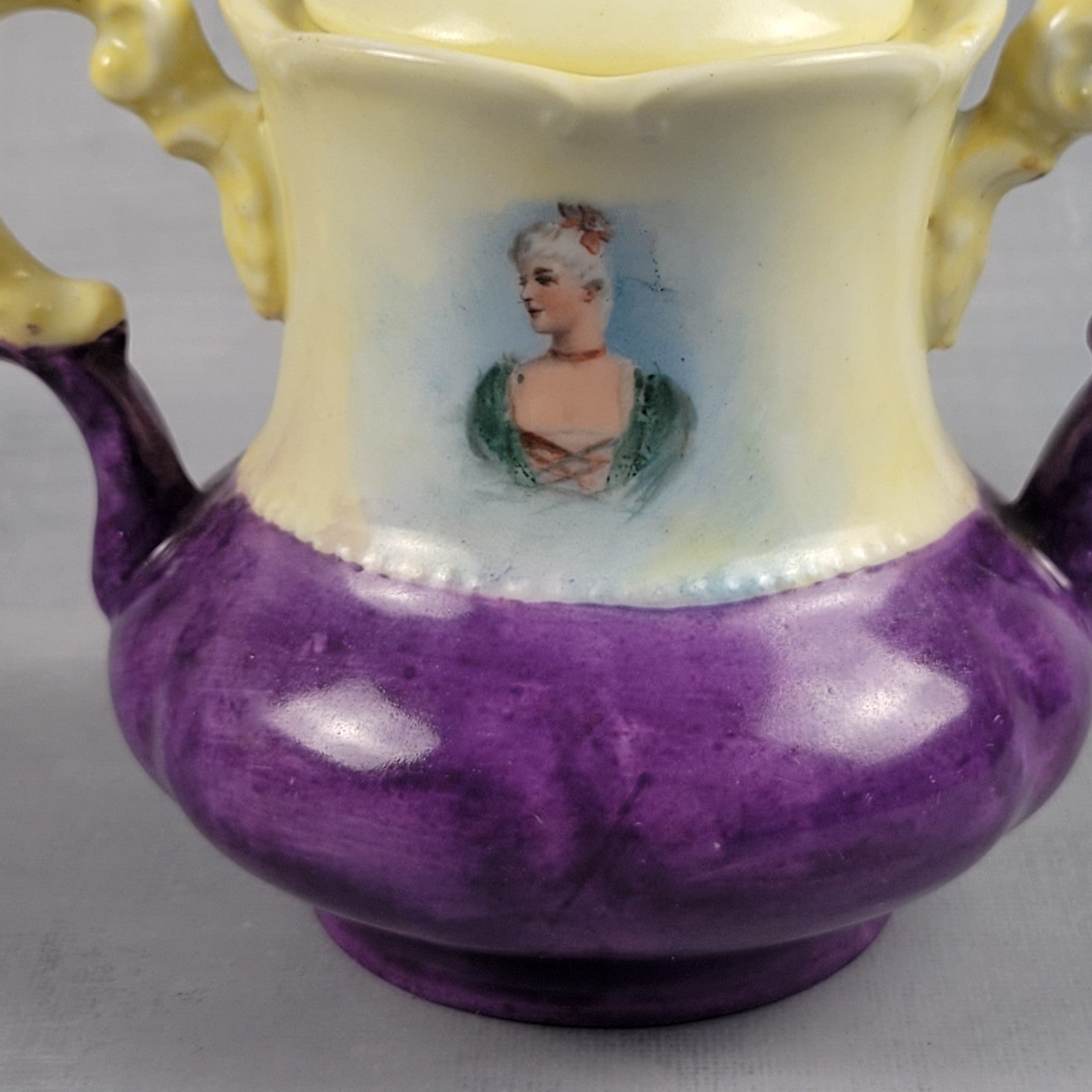 Antique Limoges NVC Portrait Sugar Bowl Jonquil Yellow & Purple Art Nouveau1