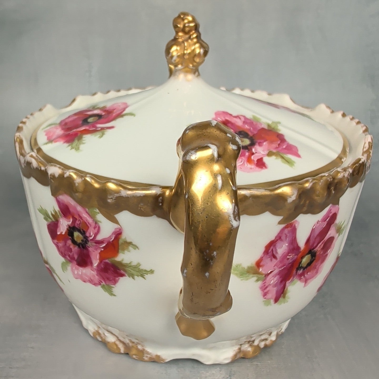 JP France Limoges Antique Poppies Porcelain Hand Painted Biscuit Cracker Jar 3
