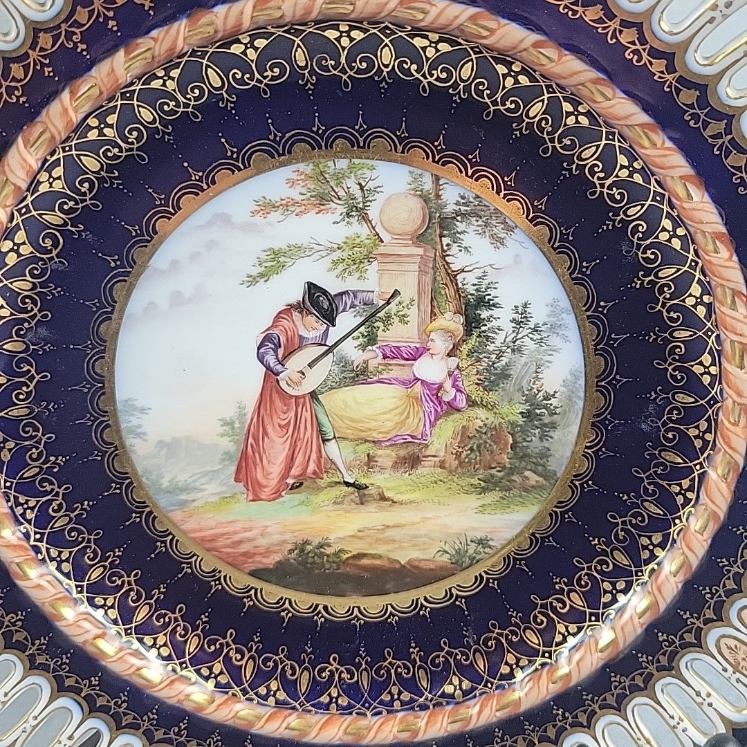 Antique Dresden Hand Painted Watteau Scene Cobalt Gold Pierced Plate 9.5”8