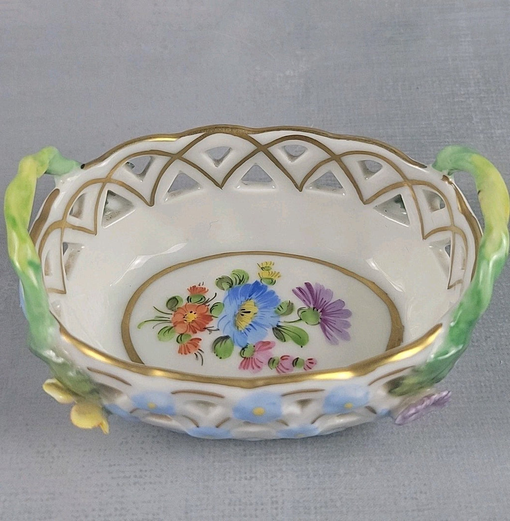 Dresden Germany Reticulated Porcelain Basket Forget Me Not Flowers & Vine Handle0