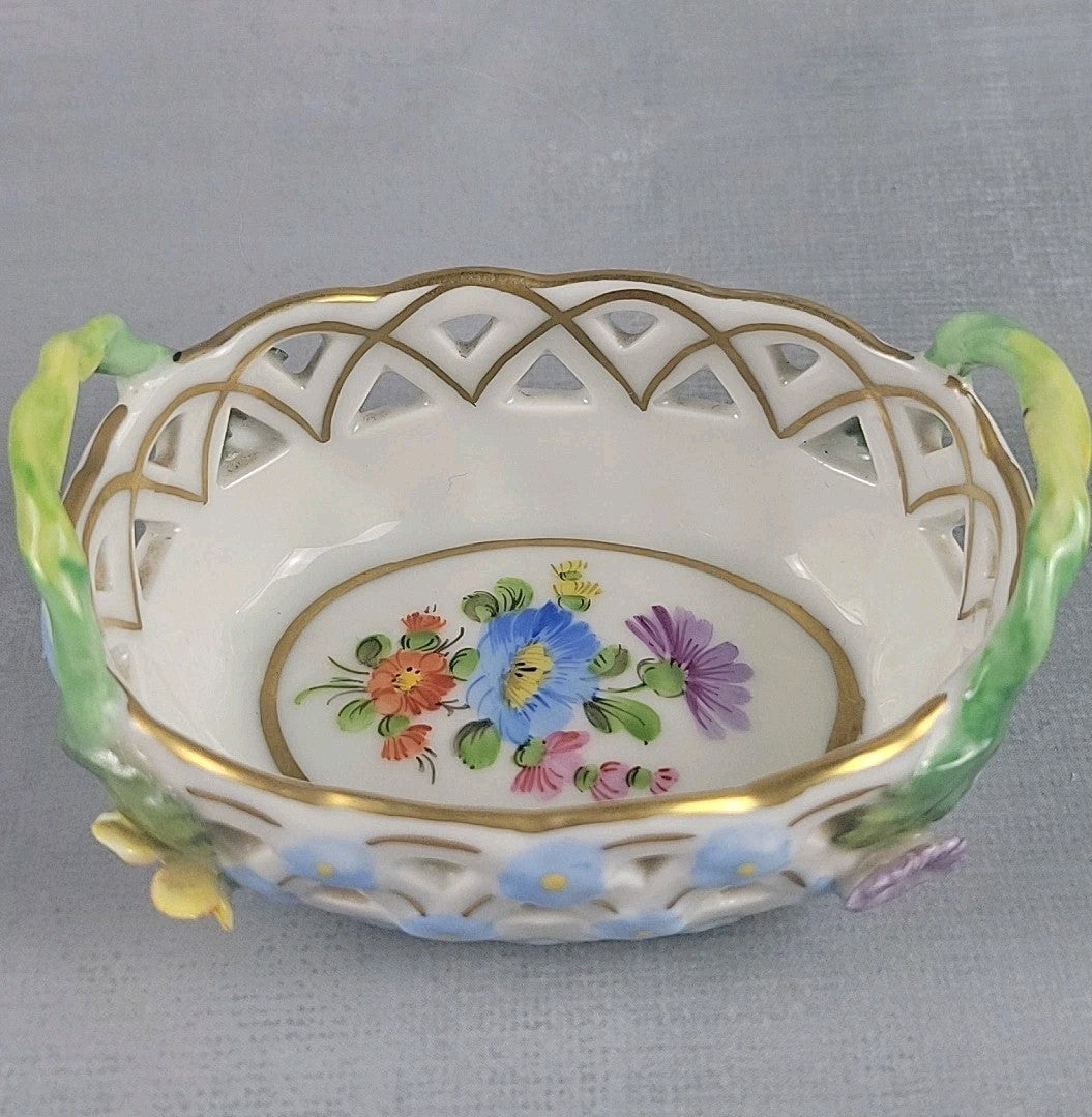 Dresden Germany Reticulated Porcelain Basket Forget Me Not Flowers & Vine Handle0